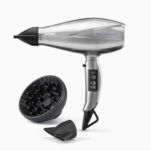 BaByliss Secador de cabelo digital Pro com difusor - profissional, anti-frizz ion, motor digital, ultra rápido, 2200 W, fabricado na Itália, 3 configurações de calor e 2 velocidades, Turbo, prata
