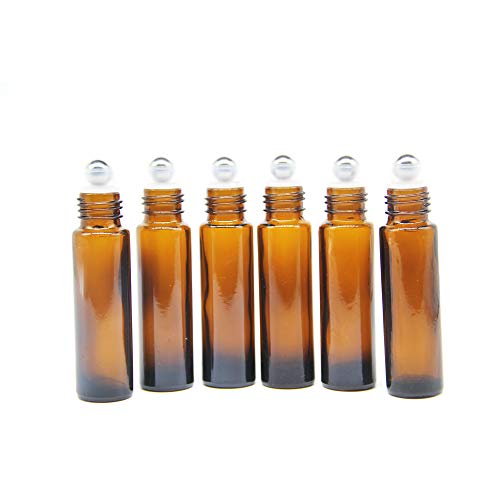 Yizhao Castanho Roll On Vidro para óleos essenciais de 10 ml, com rolo de aço inoxidável, para óleos essenciais, massagem, aromaterapia, garrafa de laboratório - 6 unidades