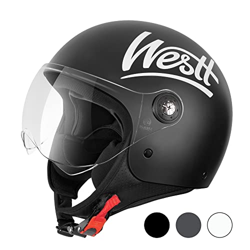 Westt Classic Capacete de motocicleta homem mulher com viseira ECE-R 22.06 capacete transparente capacete Jet mota aberta Scooter, certificado ECE Dot, tamanhos S-XL