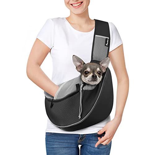 Pawaboo Bolsa de tiracolo para cães, bolsa portátil para animais de estimação com alça ajustável e bolsos, mala de mensageiro respirável confortável com para cães gatinhos para viajar, S, preto