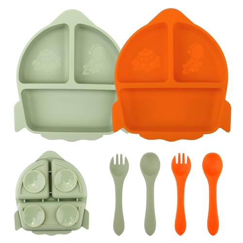 Nohlerlife - Conjunto de 2 pratos com ventosa para bebé, com 2 garfos, 2 colheres de silicone, compartimentos de prato, conjunto de alimentação para bebés sem BPA (verde/laranja)