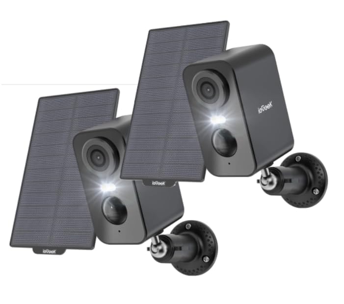 ieGeek Câmara de vigilância WiFi exterior solar, 2 K câmaras de vigilância sem cabos, câmara de segurança com bateria, visão noturna colorida, deteção de movimento humano PIR, áudio de 2 vias (2