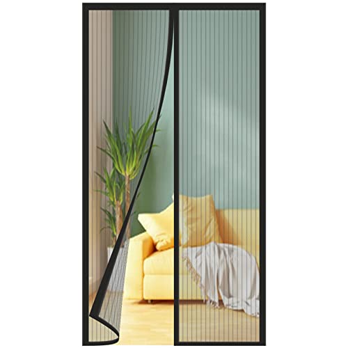 Mosquiteira de porta magnética 95 x 220 cm, adequado para todos os tamanhos de porta de varanda, porta de sala de estar, porta de correr exterior. Listras pretas