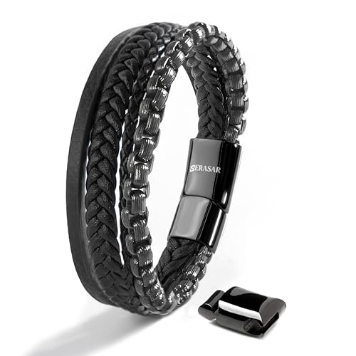 SERASAR | Premium Echtlederarmband für Männer [Hero] in Schwarz | Magnetverschluss aus Edelstahl in Schwarz, Silber & Gold | Inklusive Schmuckschachtel | Tolle Geschenkidee