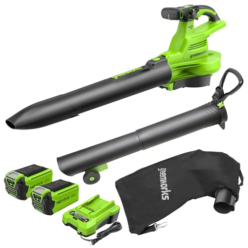 Greenworks 40 V Soprador aspirador de folhas a bateria com motor sem escovas, 370 km/h, 14,17 m³/min, saco de recolha de 45 l, duas baterias de 2 Ah e carregador, garantia de 3 anos GD40BVIIK2X