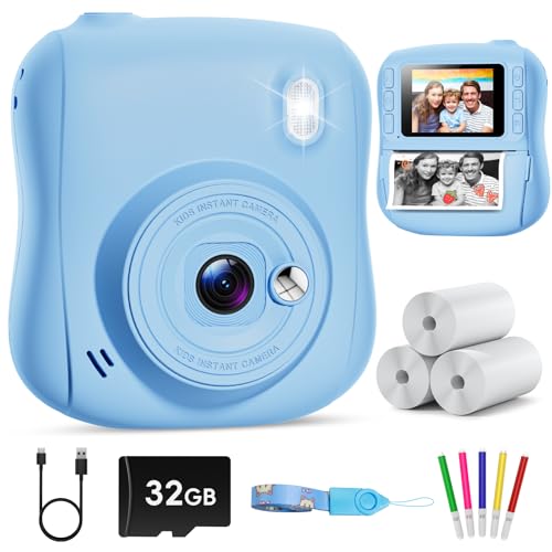Hangrui Câmara fotos infantis instantâneas, 1080 P câmara fotos infantis, câmara instantânea para crianças com cartão de 32 GB, papel de impressão e canetas de cores, presentes brinquedo