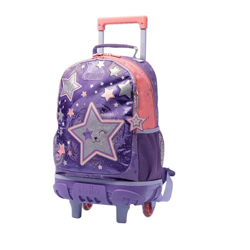 TOTTO - Mochila escolar com rodas, modelo Star Cat M, mochila média, capacidade de 14 l, 2 compartimentos, 2 bolsos para garrafa, proteção contra impactos, correias ajustáveis confortáveis, cor roxa,