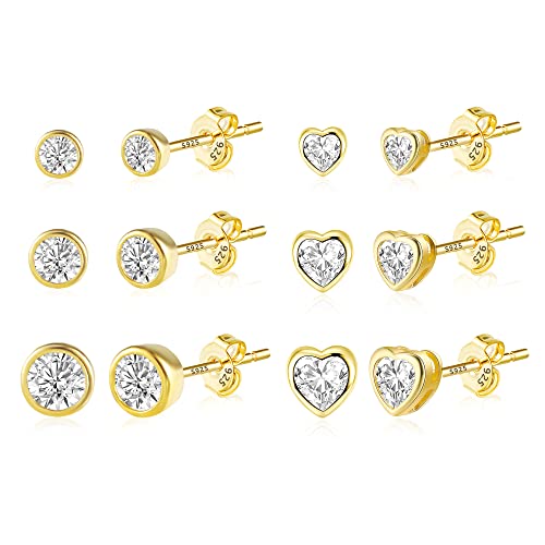 ASH'S CHOICE Brincos de prata 925 para mulher, 6 pares de brincos de prata 925, conjunto de brincos pequenos, multi-pack com brilhantes de zircónio, folha de estrela, lua, bola, brincos