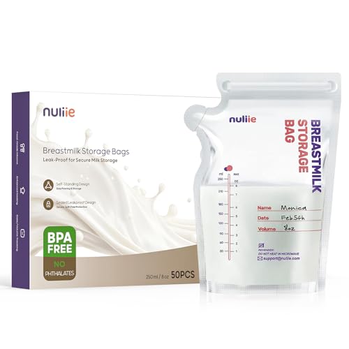 Nuliie 50 unidades Sacos de armazenamento de leite pré-esterilizados, saco de leite materno com dispensador, livre de BPA, saco auto-sustentável, economia de espaço