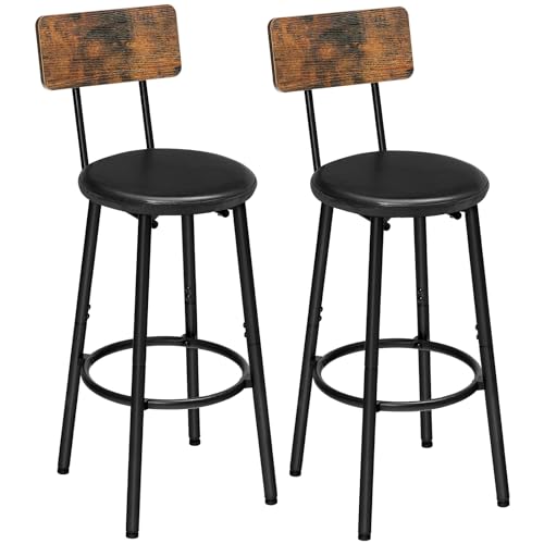 HOOBRO Conjunto de 2 tamboretes de bar com encosto, bancos altos de cozinha estofada com couro PU, cadeira de bar com estribo, para cozinha, sala de estar, castanho rústico e preto EBF31BY01