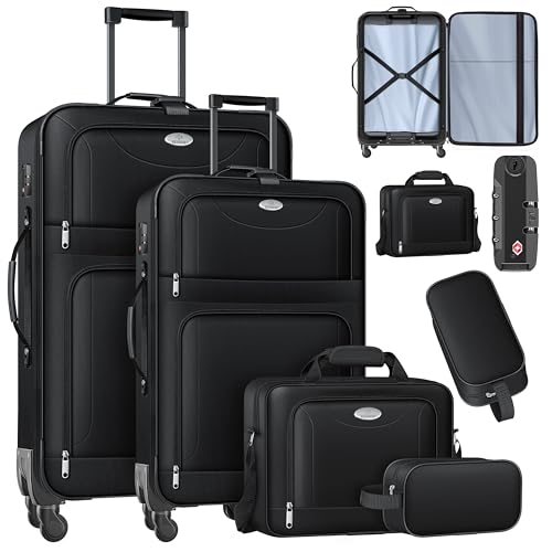 KESSER® Conjunto de malas de viagem de 4 peças | Mala de tecido com 3 dígitos TSA, rodas de 360° e cabo telescópico | Necesser de mão bagagem leve e mala grande para negócios e viagens, Preto