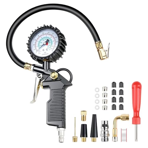 Behiruch Manómetro de pressão pneus 220 PSI pistola de inflação compressor digital medidor de alta precisão com 25 peças de acessórios para bicicleta motocarro camião e motocicleta