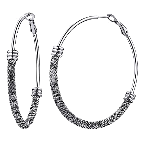 ChainsHouse Brincos de aros 30/40/60/80 mm com detalhes lisos/malhas feitos em aço cirúrgico, cor platina dourada preta