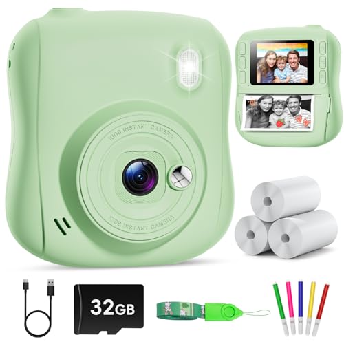 Hangrui Câmara fotos infantis instantâneas, 1080 P câmara fotos infantis, câmara instantânea para crianças com cartão de 32 GB, papel de impressão e canetas de cores, presentes brinquedo