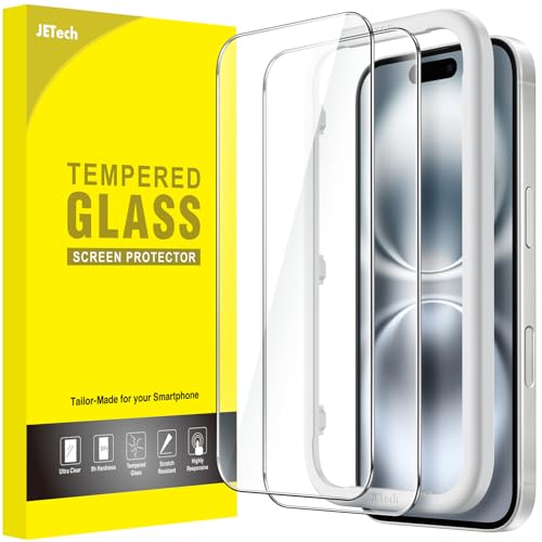 JETech Protetor de ecrã para iPhone 16 6,1 polegadas, vidro temperado com moldura de instalação fácil, compatível com capa, HD transparente, 2 unidades
