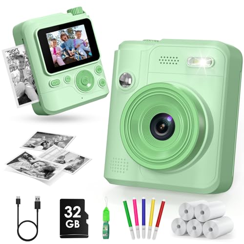 Gofunly Câmara com fotos infantis instantâneas, 2,0" 1080P câmara fotos infantis com cartão de 32 GB e papel fotográfico, brinquedo câmara instantânea presentes para meninos e meninas de 3-12 anos