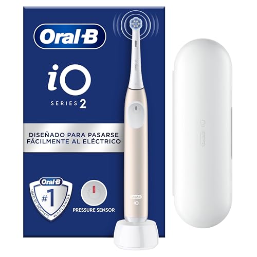 Oral-B iO 2 Escova de dentes elétrica rosa suave, 1 cabeça, 1 estojo de viagem, 1 suporte de substituição, 3 modos de escovagem, sensor de pressão e temporizador, desenhado por Braun