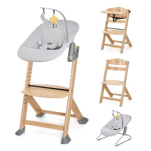Kinderkraft ENOCK Cadeira alta bebé de madeira rede de bebé CALMEE, portátil, para crianças, cadeira alta infantil, volutiva, ergonómica, barreira e bandeja, cinzento