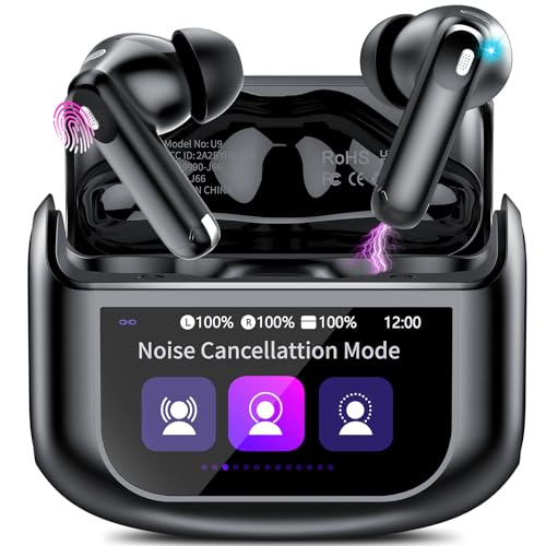 Thunelec Auriculares sem fios Bluetooth com ecrã tátil LED, 48H auriculares Bluetooth 5,4 HiFi estéreo, 4 HD Mic com redução de ruído ANC+ENC, IP7 impermeável/5 modos EQ capacetes sem fios