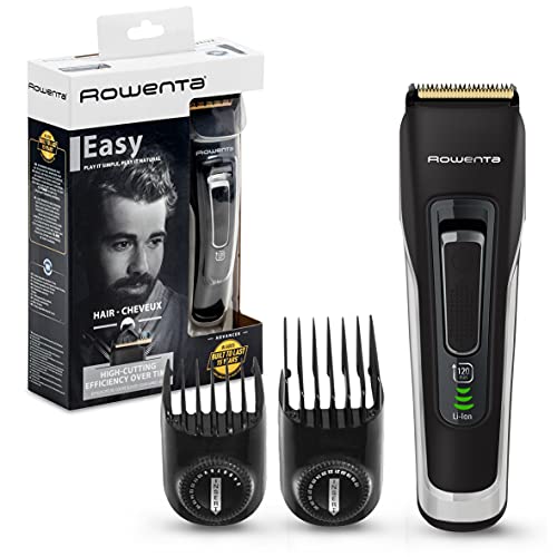 Rowenta Advancer Easy TN5201 Corta-pelos para homem, lâminas de aço inoxidável, revestimento de titânio, 29 configurações de 0,5 mm a 30 mm, autonomia até 120 min, carregamento rápido, sem cabo