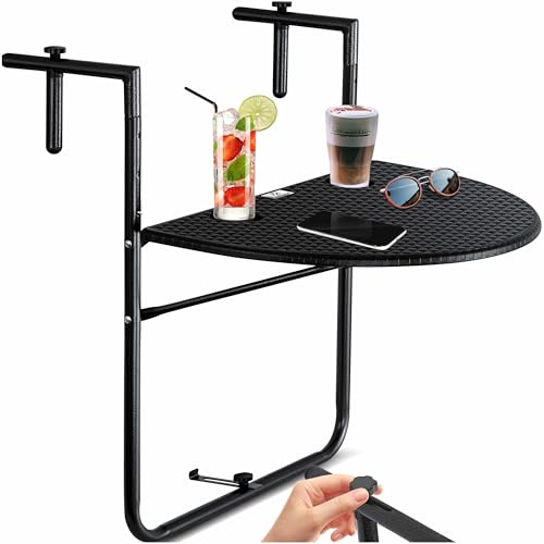 KESSER® - Mesa pendente de varanda dobrável para corrimão de varanda, ajustável em 3 alturas, resistente à Intempérie, 2 espaços para bebidas (largura x profundidade): 62 x 60 cm, cor preta