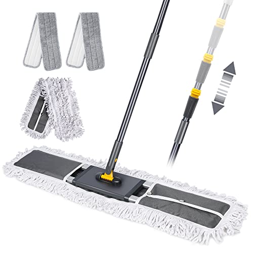 Myiosus Esfregão grande plano, roupa com cabo ajustável em aço inoxidável de 154 cm, conjunto com 3 almofadas reutilizáveis algodão e microfibra para madeira dura, azulejos, laminado