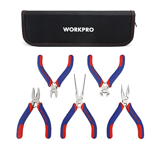 WORKPRO 5 peças mini alicates de precisão, aço carbono, pega bimaterial, saco de armazenamento