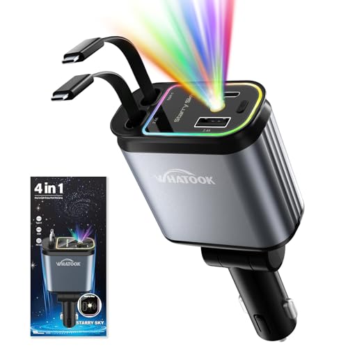 WHATOOK Isqueiro de cigarros 4 em 1, USB C, 66 W, adaptador de carregador para carro com céu estrelado LED, 2 cabos retráteis, acessórios de viagem para campismo, acessórios de viagem