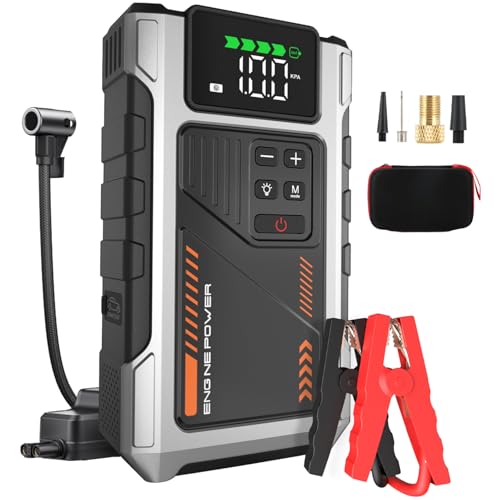 Eigotrav Arrancador de baterias de carro com compressor de 150 PSI, 6000A iniciador de carro (para 7,5 l gasolina ou 6 L gasolina), Booster bateria 12 V com ecrã LCD, lanterna LED