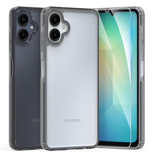 THIYUFUNS Capa para Samsung Galaxy A06 4G com 1 peça vidro temperado, capa protetora transparente anti-impactos case, suave TPU silicone anti-choques capa para Samsung A06 - preto