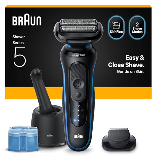 Braun Máquina de barbear elétrica homem série 5, máquina de barbear a seco e molhada, 2 modos de barbear, 50 min de uso, centro de limpeza, aparador de precisão, estojo de viagem, 52-B7200CC, azul