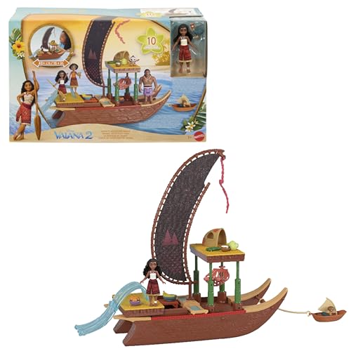 Mattel Disney Vaiana 2 Canoa de aventura conjunto de jogo com canoa flutuante, boneca pequena, 1 personagem amigo, 6 áreas de jogo e 10 acessórios, JBT78