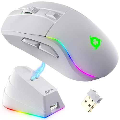 KLIM Blaze Y Rato sem fios RGB recarregável com estação de carregamento, novidade – sensor de alta precisão com bateria de longa duração, até 6000 dpi – rato sem fios com cabo - branco