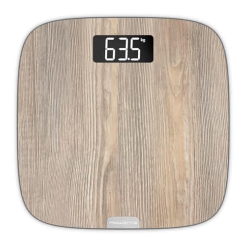 Rowenta Origin Light Wood BS1600 balança de casa de banho com ecrã grande, acabamento em madeira, ignição automática, capacidade até 160 kg com graduação de 100 g, inclui 4 pilhas AAA