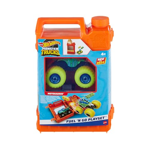 Hot Wheels Monster Trucks substituição e arranque pista para carros de brinquedo em forma de bidão de gasolina, inclui 2 veículos, 4 anos (HXT04)