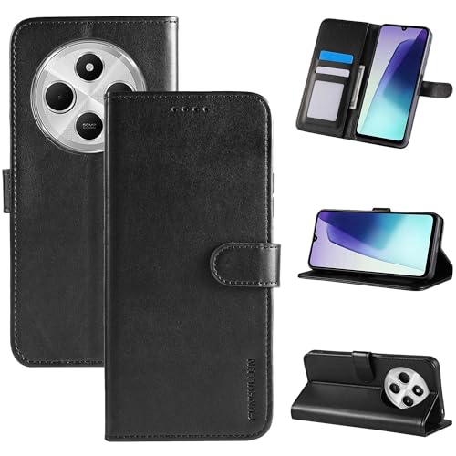 FUNHULLUN Capa de couro para Xiaomi Redmi 14C com Flip protetora capa Bumper anti-choque, com carteira e ranhura para cartões, capa compatível para Xiaomi Redmi 14C preta