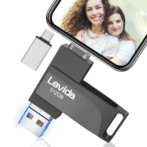 Pendrive 512 GB para Phone, Levida Pen Drive USB 4 em 1, memória externa USB 3.0, Photo Stick, Flash Drive USB Memory Stick para iOS, Android, smartphone, tablet, portátil, PC, foto/vídeo, preto claro