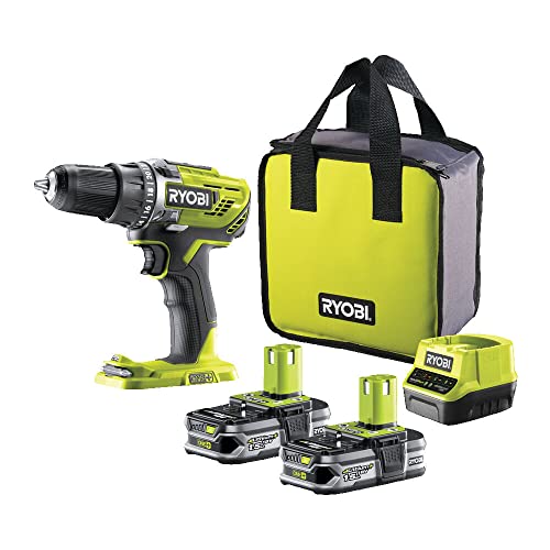 RYOBI Broca parafuso sem fios 18 V ONE+ com 2 baterias de 1,5 Ah, carregador e saco, 2 velocidades, porta-chaves 13 mm