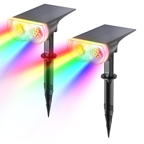 Linkind Luzes solares LED para exteriores, jardim, holofote solar com sensor de luz, luz de 8 cores alterada, lâmpada solar impermeável IP67 para iluminação de caminhos, pátio, terraço, relvado (2
