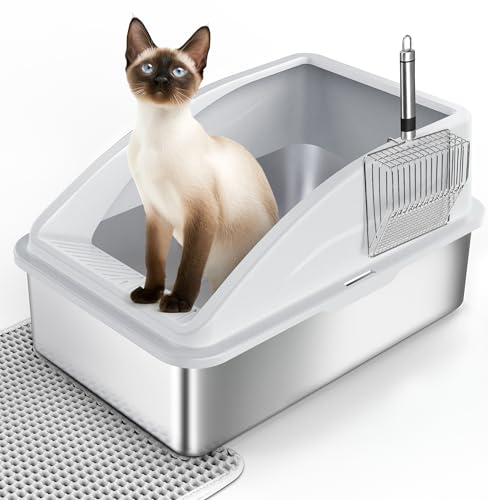 Caixa de areia para gatos de aço inoxidável, caixa de areia para gatos XXL aberta com pá de metal, esteira de camada dupla, borda alta, caixa de areia para gatos grande para gatos