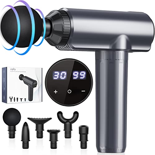 Pistola de massagem muscular, pistola de massagem muscular de tecido profundo Lefity com 30 velocidades e 6 cabeças de massagem, com ecrã LCD para aliviar a dor muscular (cinzento)