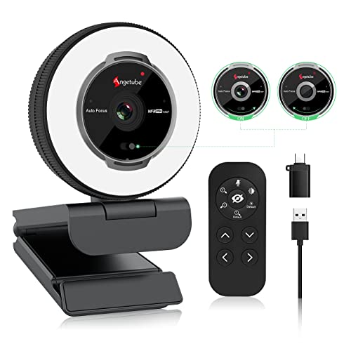 Angetube Streaming Webcam com microfone - Webcam USB 1080P 60FPS com luz de anel e controlo remoto - câmara Web HD com zoom digital 5X cobertura de privacidade integrada