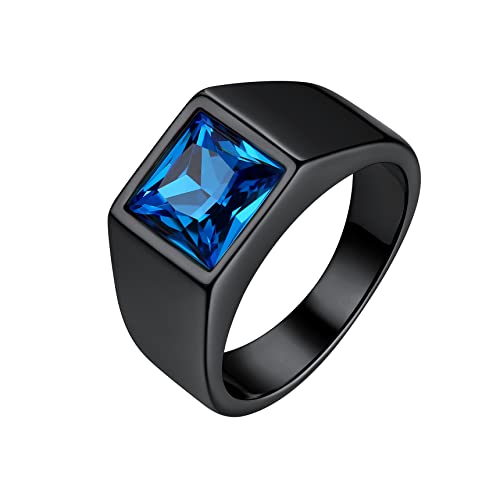 Bestyle Anel homem anéis de selo quadrado 8 mm largura anel com pedra preta / azul anéis de aço inoxidável personalizados anéis homem tamanho 14,5 - 32,5