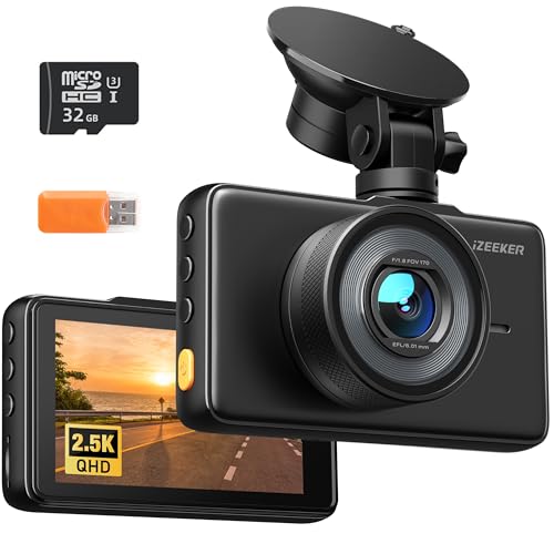 iZEEKER 2,5 K Dashcam, Dash CAM carro 1440 P com cartão SD de 32 GB, câmara gravador de carro, ecrã IPS de 3", visão noturna, WDR, grande 170°, gravação em laço, sensor G, modo de estacionamento 24H