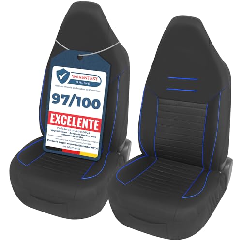 Upgrade4cars Capas de assento dianteiro para carro com encosto de cabeça integrado universais preto azul | cobertura universal | protetor de assento dianteiro para motorista e copiloto