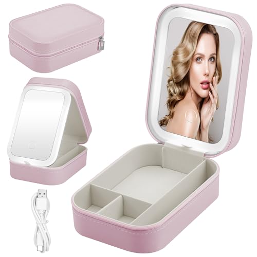 JIZZU Pasta de maquilhagem com espelho LED, estojo de cosméticos com luz LED de 3 cores, organizador de viagem portátil com divisórias, presente para mulheres, ROSA, Modernidade