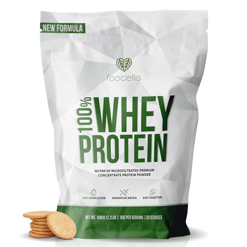 Foodelis Whey Protein 1 kg bolacha | 33 doses de proteína em pó com amminoácidos essenciais, para massa muscular e recuperação rápida, alta solução e fácil digestão