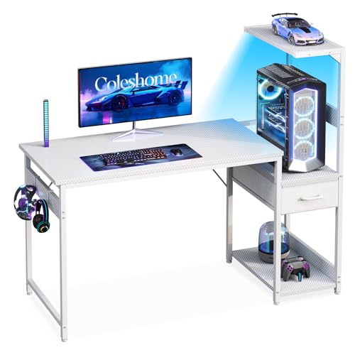 Coleshome Mesa de jogos com iluminação LED, 120 × 48 cm mesa de jogos com gavetas e estádia, mesa Gamer reversível com gancho para capacetes, fibra de carbono branco