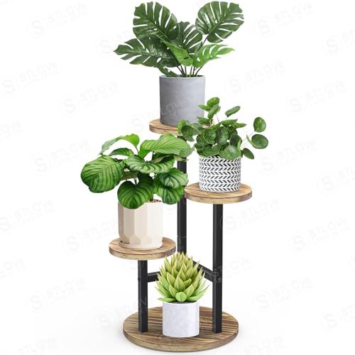 STLOVe® Escada para flores trapezoidal interior, prateleira de canto para vários vasos, suporte alto de 3 níveis, suportes para plantas de madeira, estante de exposição de jardim/varanda (sem plantas)