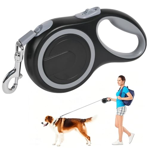 Aomig Trela de cão extensível, 5 m trela retrátil anti-emaranhado de 360° para cães, trela de cão com pega antiderrapante, fita nylon resistente e botão de bloqueio rápido